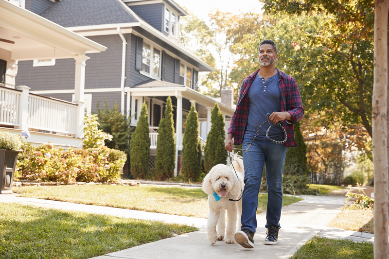 man walking dog exercise